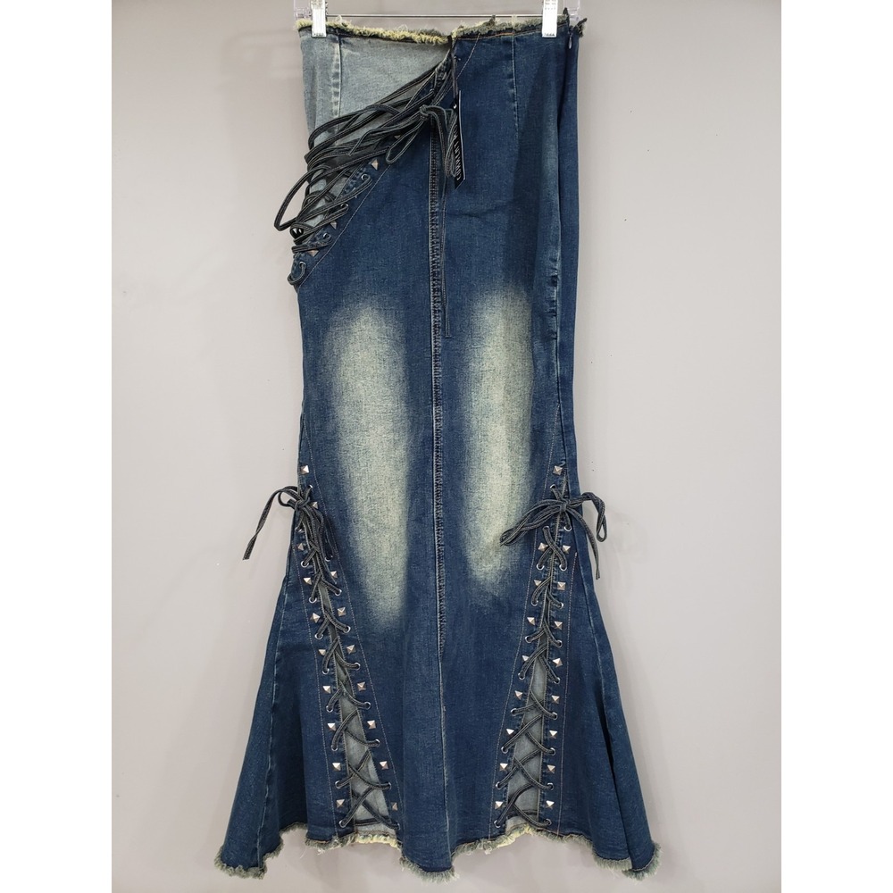 DOLLS KILL CURRENT MOOD MISUNDERSTOOD TENDENCIES DENIM STUDDED MAXI SKIRT